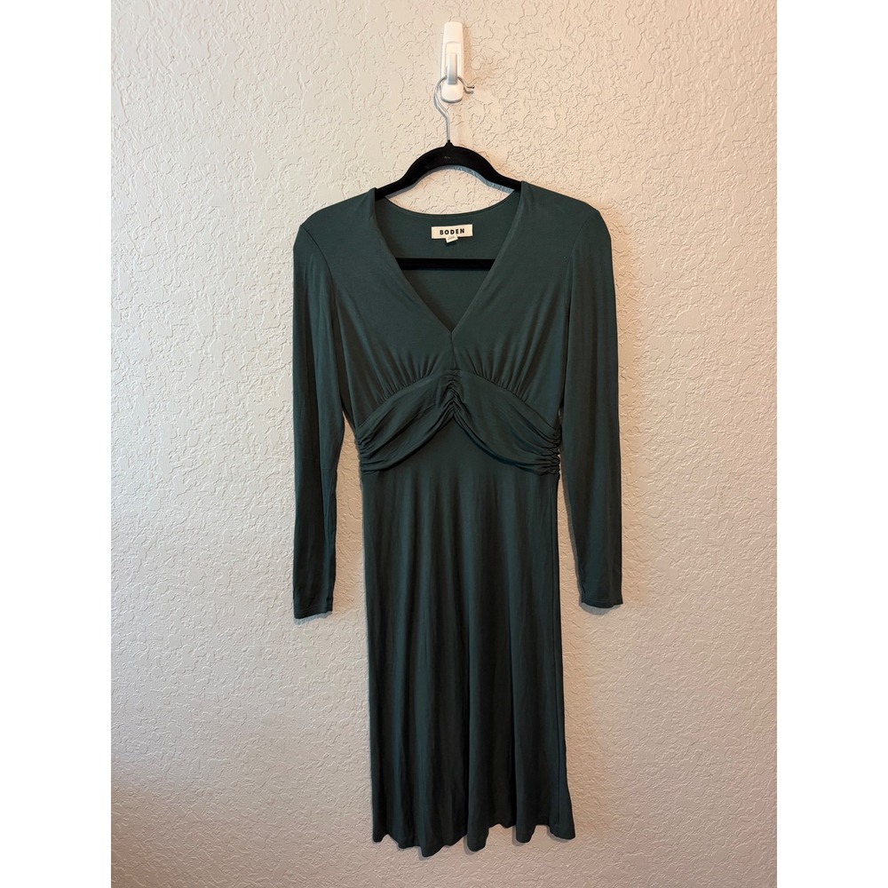 Boden Ruched V-Neck Jersey Midi Dress Size 4P Dark Green Classic Academic